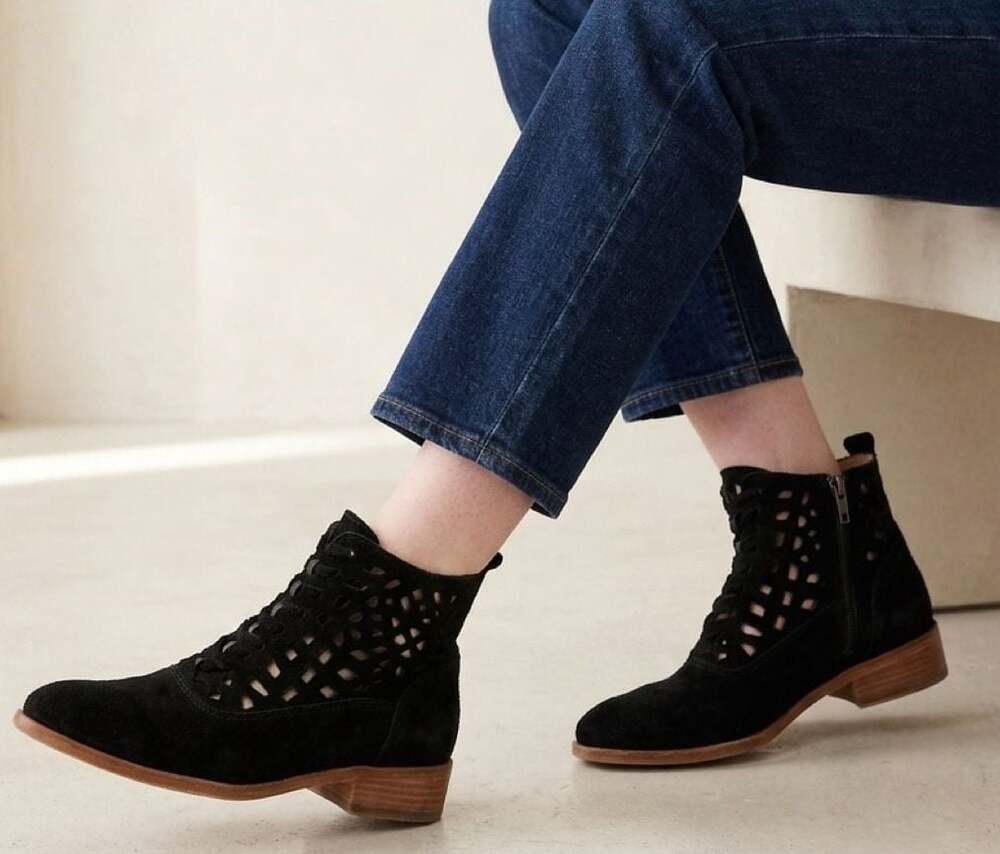 Franco Sarto Rory Black Suede Cutout Block Heel Ankle Booties